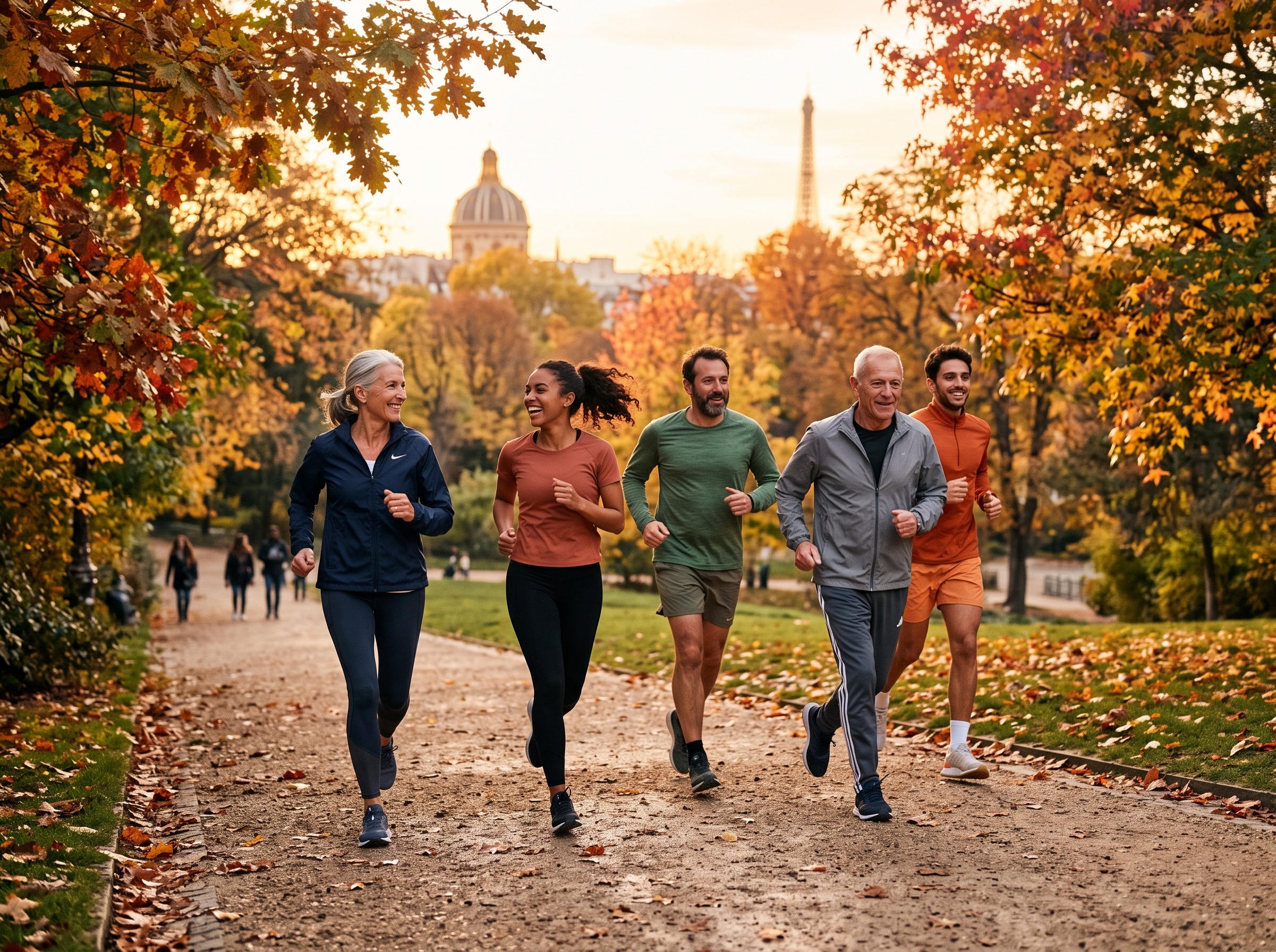 Coureurs de tous âges dans un parc parisien