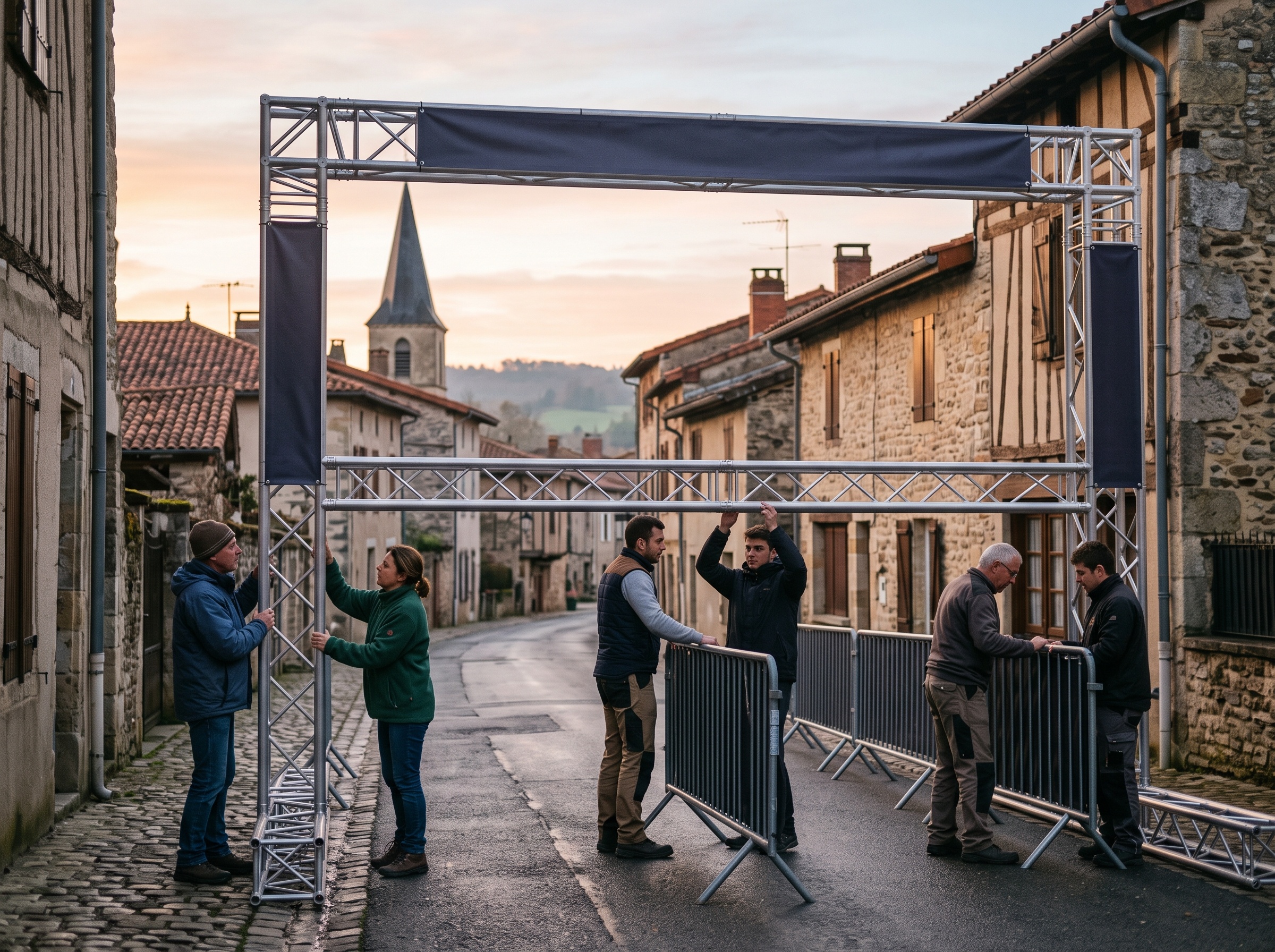 Bénévoles installant l'arche de chronométrage avant une course