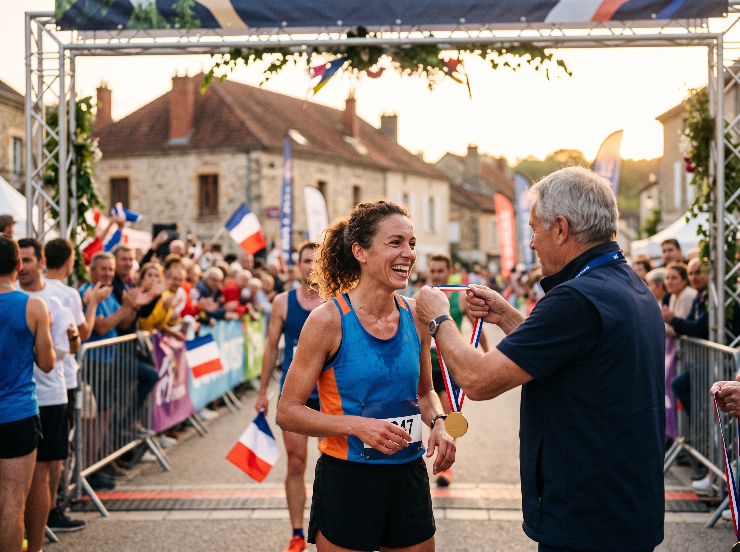 Coureuse recevant sa médaille à l'arrivée d'une course en France
