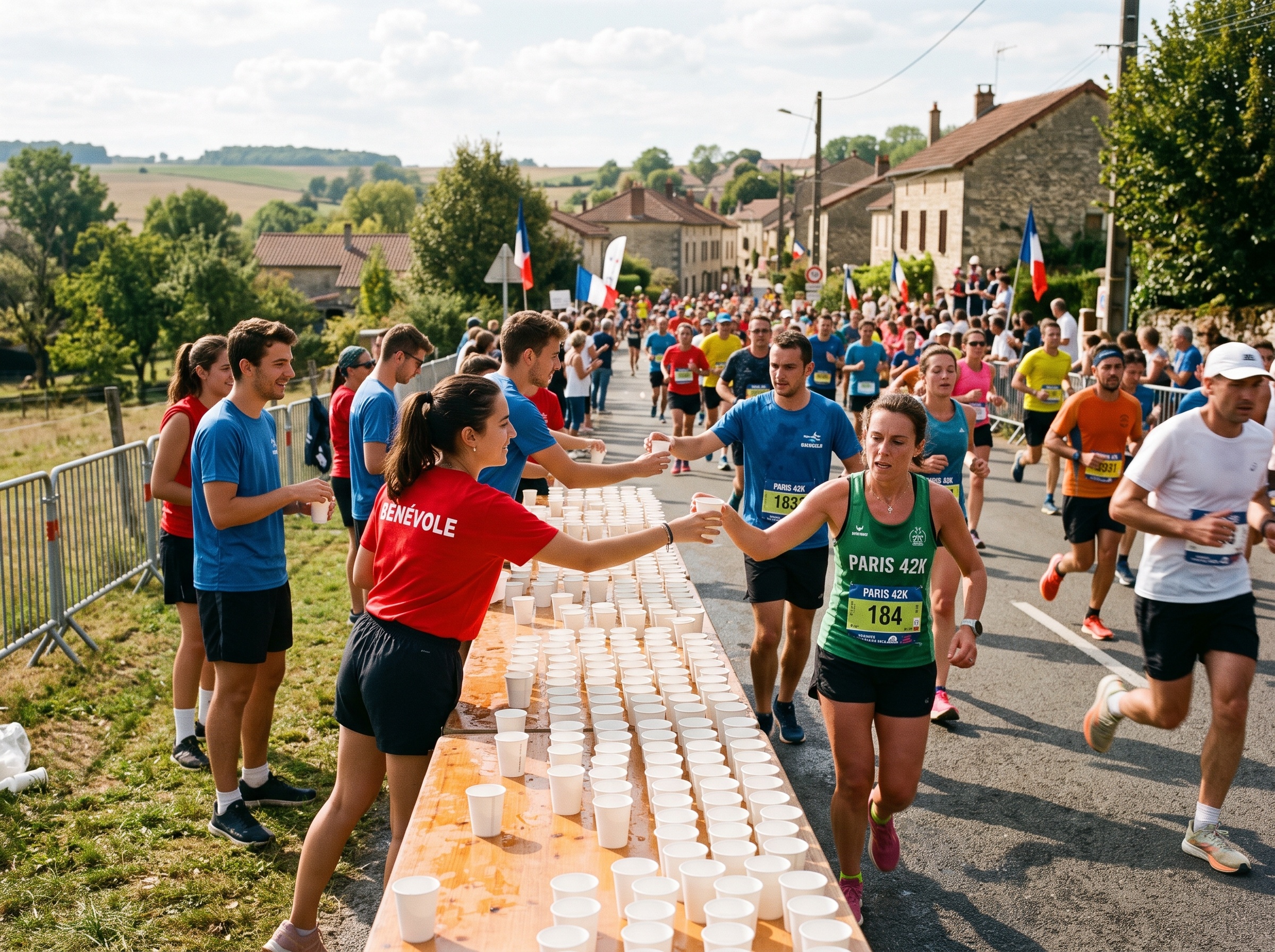 Poste de ravitaillement en eau lors d'un marathon