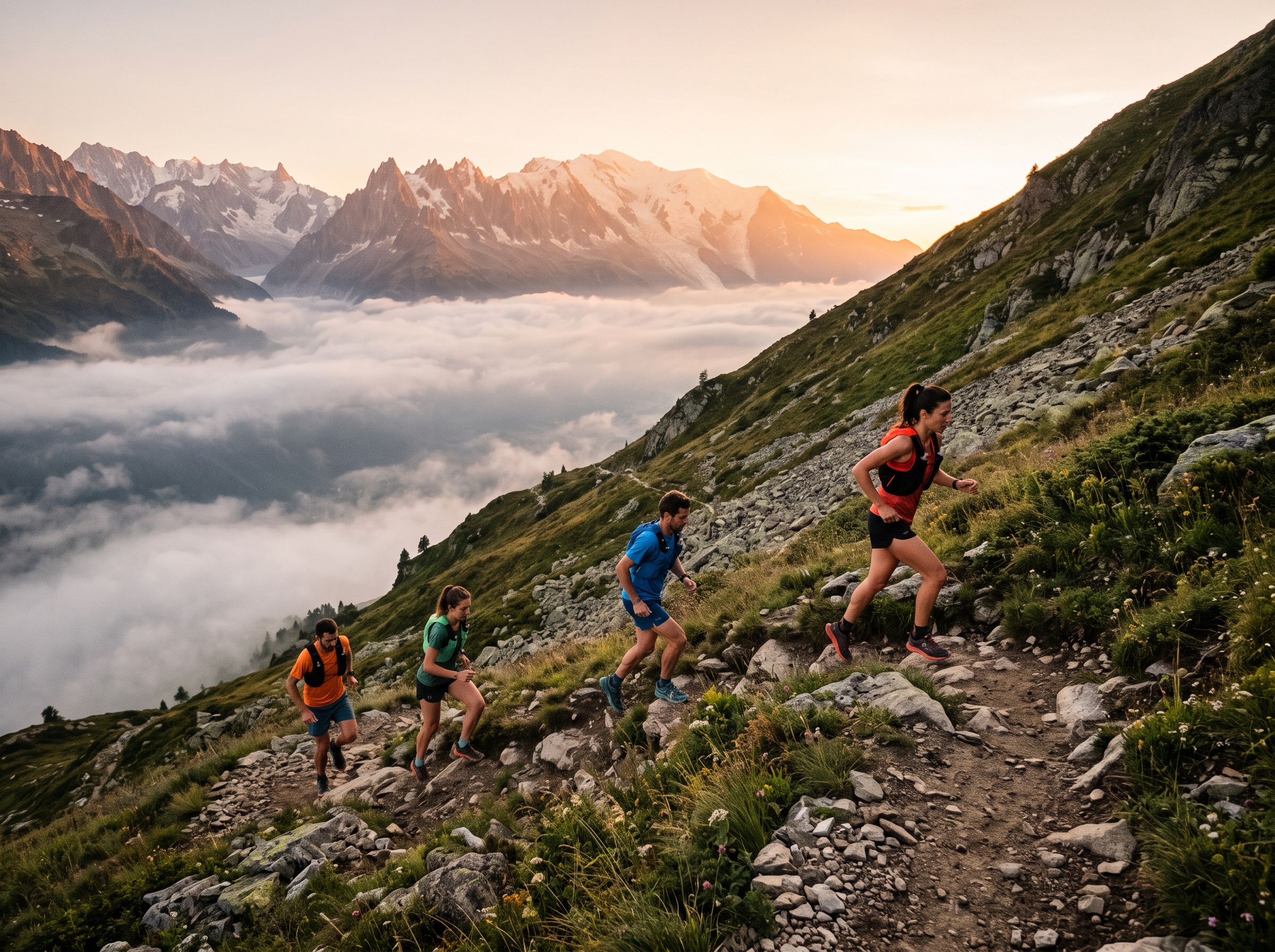 Coureurs de trail dans les contreforts des Alpes françaises