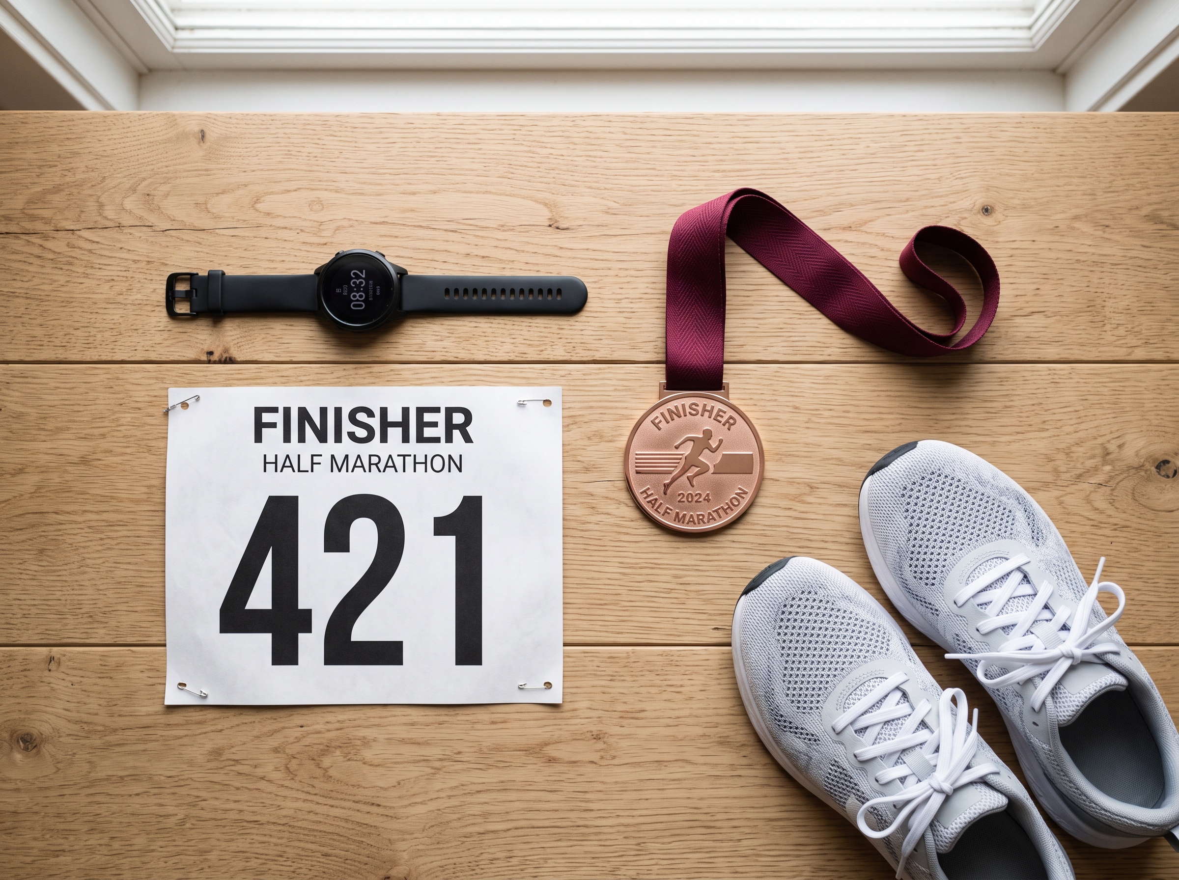 Dossard, médaille et chronomètre posés sur une table en bois