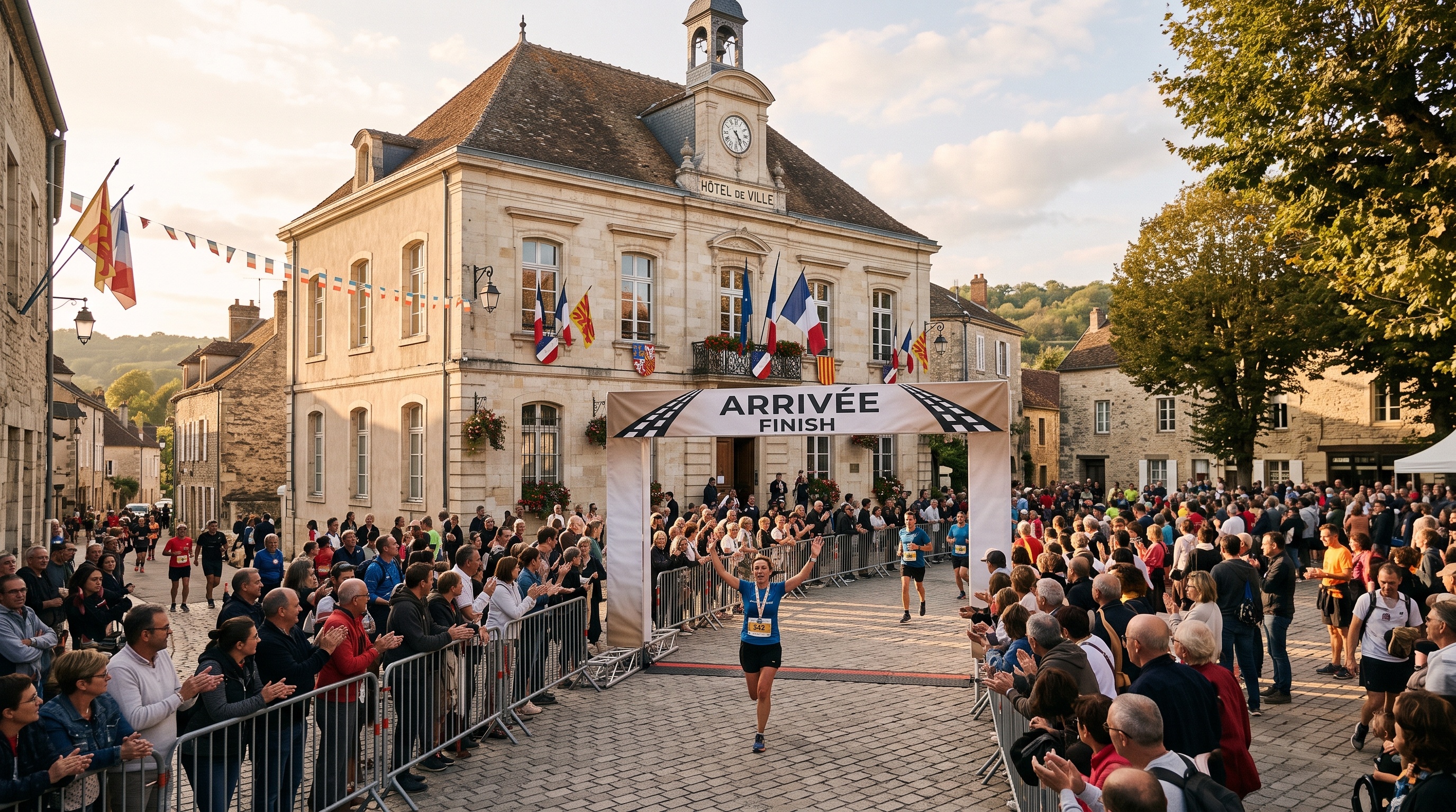 Arrivée d'une course devant une mairie française décorée de drapeaux